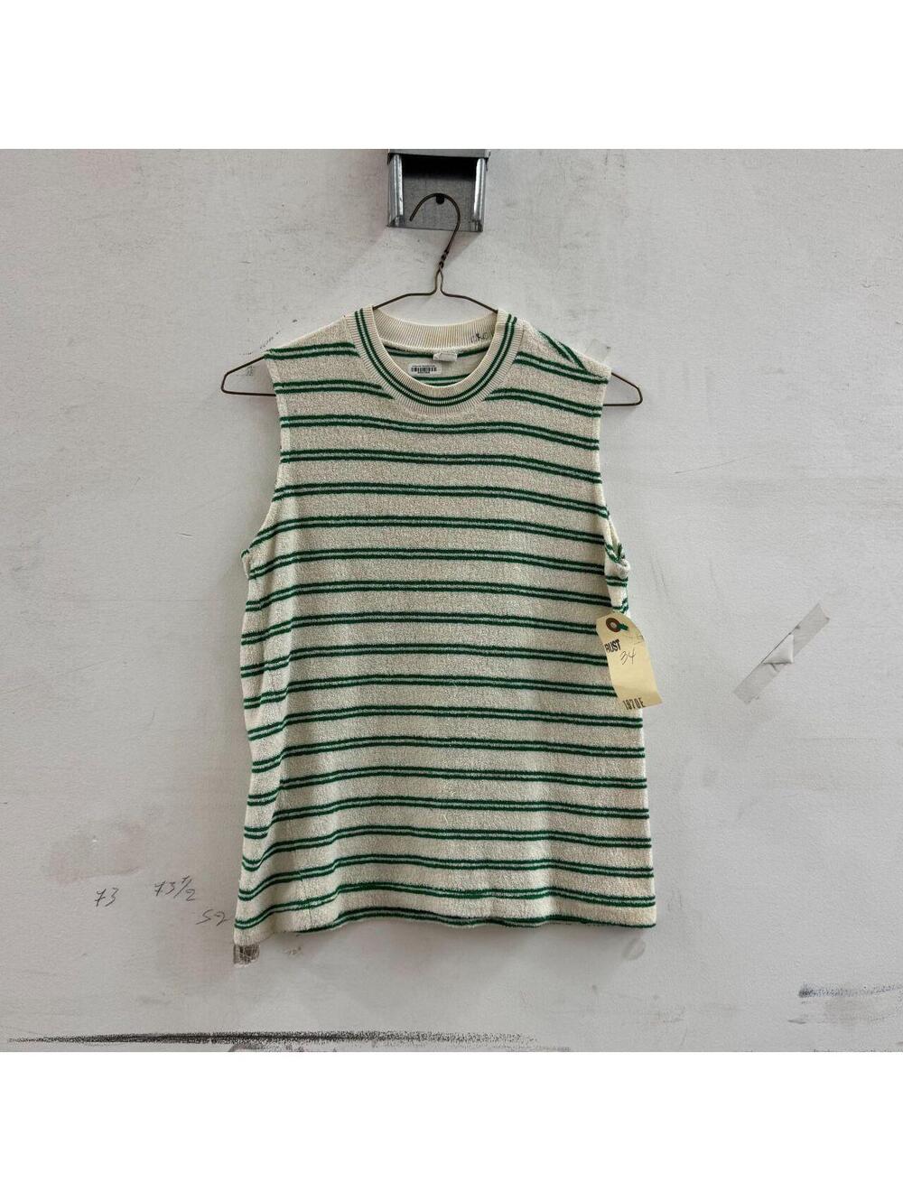 Vintage 1970s Green Striped Cotton Terry Sleeveless Mock Neck Top